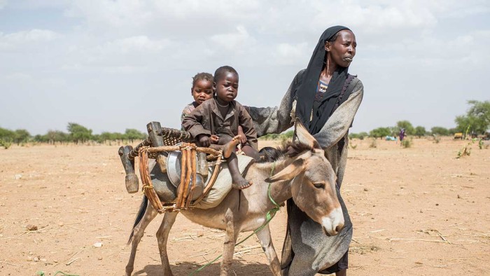 Ashta och hennes två barn som får åka på deras åsna har tvingats fly från strider i Sudan. De får skydd av UNHCR i Tchad.