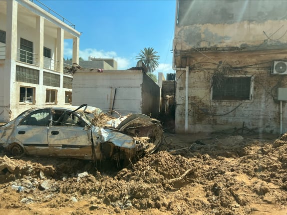 Ödeläggelse efter stormen Daniel i Libyen.