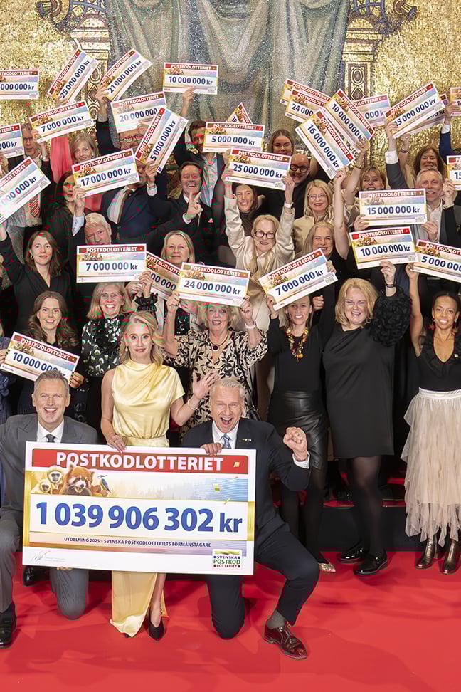 Förmånstagarna för Postkodlotteriet håller upp sina checkar.