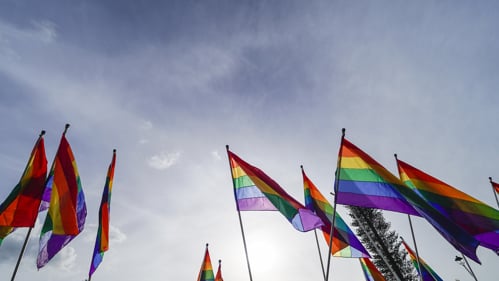 Flaggor som vajar i vinden, en av dem är en regnbågsflagga.