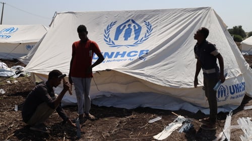 Volontärer hjälper till att sätta upp UNHCR:s tält i Gedaref-regionen i Sudan, som tagit emot över en miljon internflyktingar sedan 2023.