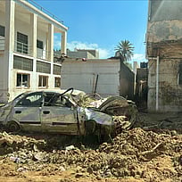 Ödeläggelse efter stormen Daniel i Libyen.