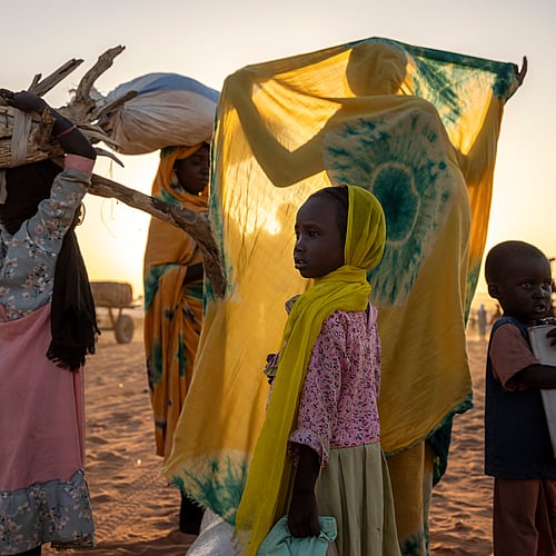 En familj är på flykt i öknen i Sudan. Du kan hjälpa med gåvobeviset Nödpaket Sudan - rädda liv idag.
