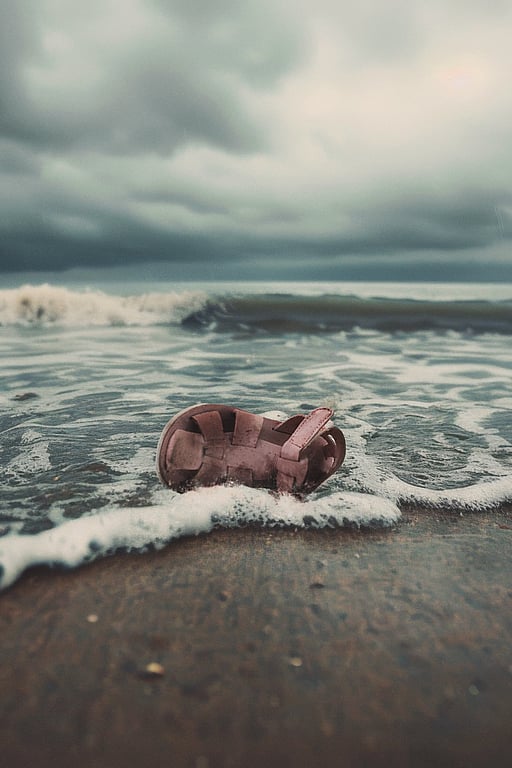En sandal har spolats upp på en strand med vågor i bakgrunden.