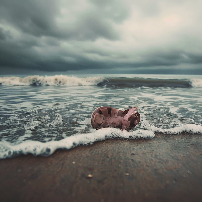 En rosa sandal ligger uppspolad på en strand.