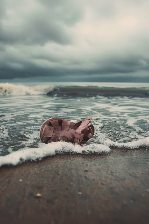 En sandal har blåst upp på en strand med havet som bakgrund.