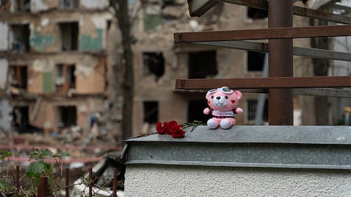 Ett gosedjur är placerad på en mur med bombskadade hur i bakgrunden.