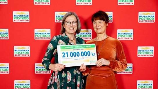 Amelie Häger och Åsa Widell visar glatt upp checken 21 miljoner kronor i utdelning från Postkodlotteriet