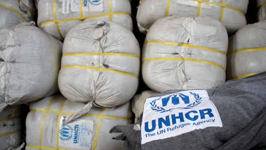 Nödhjälp som filtar finns i UNHCR:s lager i Kabul, Afghanistan.