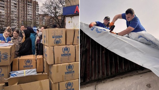 UNHCR ger skydd, nödhjälpspaket och reparerar bostäder i Ukraina.
